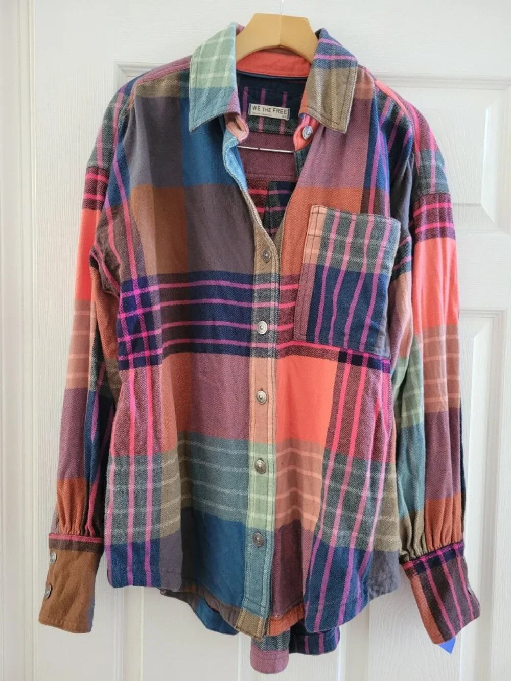 We The Free People Summer Patchwork Plaid Flannel Shirt size Small Oversized - Picture 3 of 8